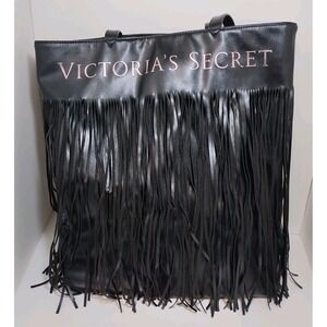 Victoria's Secret Limited Black Faux Leather Flirty Fringe‎ Tote Bag Travel